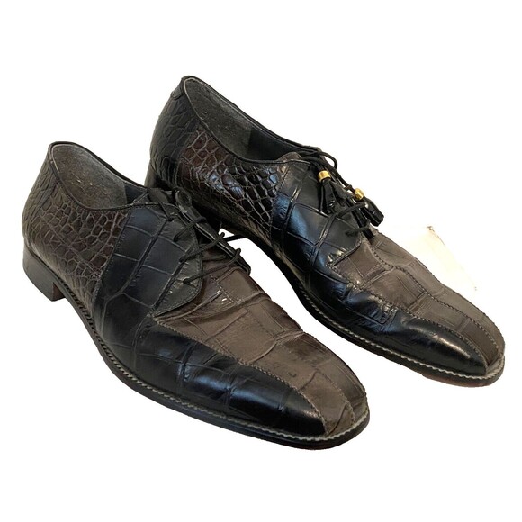 Vtg VITTORIO PONTI Dress Shoes Men's 14 Croc Leather Loafers Patchwork Black - Picture 1 of 10